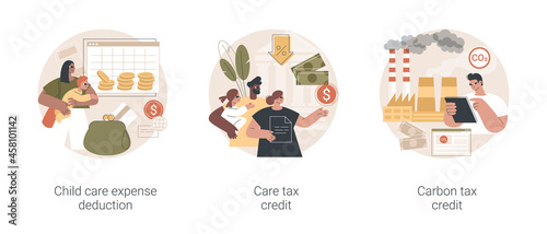 Family support abstract concept vector illustration set. Child care expense deduction, care and carbon tax credits, taxable income, family budget, bank transfer, paycheck abstract metaphor.