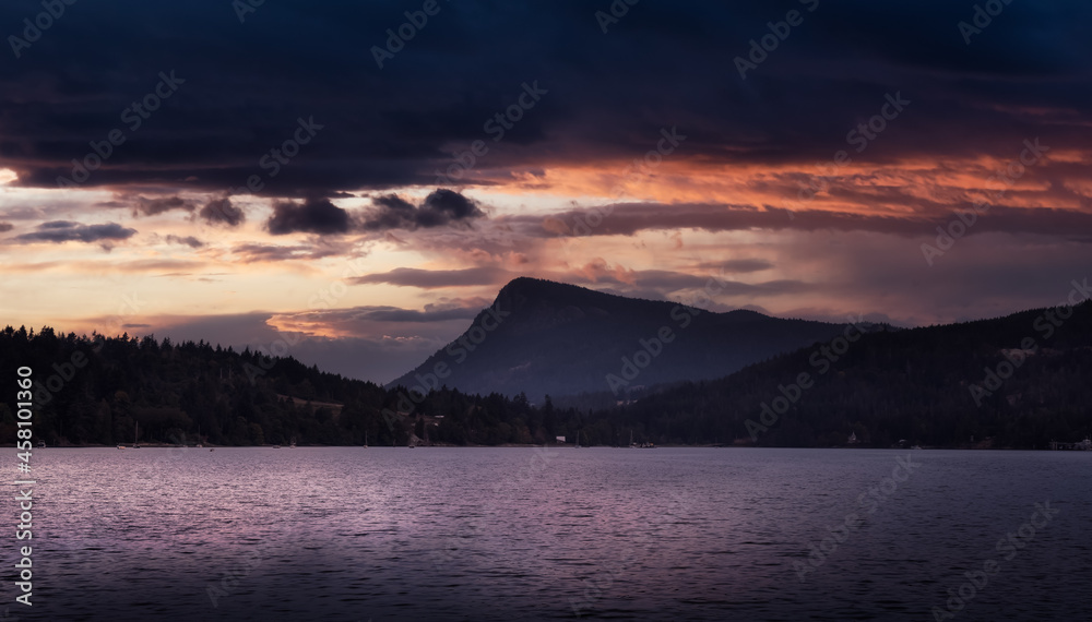 Salt Spring Island on the West Coast of Pacific Ocean. Canadian Nature Landscape Background. Sunset Sky Art Render. Near Victoria, Vancouver Island, BC, Canada.