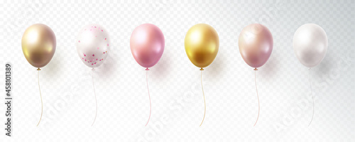 Balloon set isolated on transparent background. Vector realistic gold, pink, bronze, golden rose, white and silver festive 3d helium balloons template for anniversary, birthday party design
