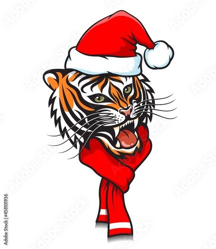 Tiger in santa claus hat. New Year tigress. Vector New Year illustration.