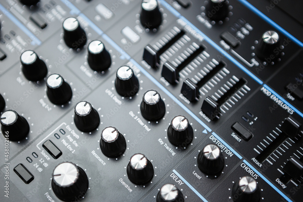 Modern analog synth device. Professional synthesizer for musical production in sound recording