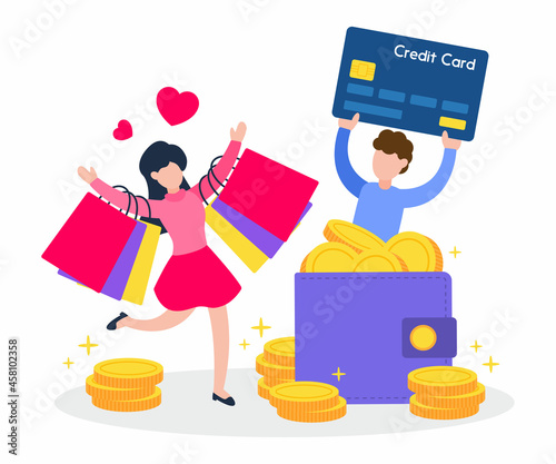 Woman carry shopping bags. Man hold credit card and stand inside wallet or purse with golden money coins. Creative concept of cashback from buying products. Cute cartoon flat vector illustration.
