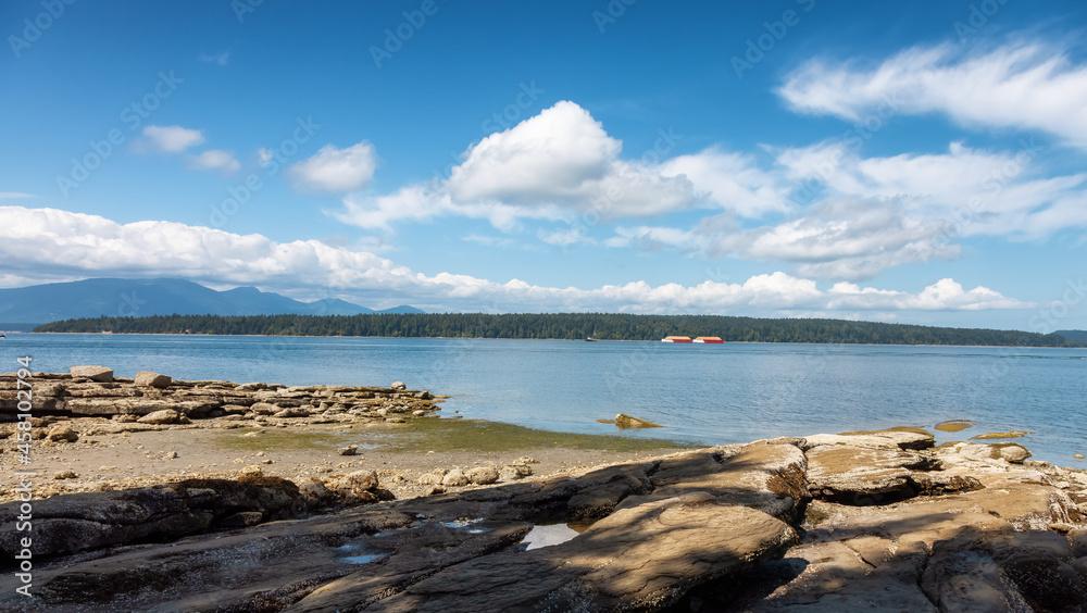 Rocky Shore with Canadian Nature Landscape on the Pacific Ocean West Coast. Sunny Summer Day. Southey Point, Salt Spring Island, British Columbia, Canada.