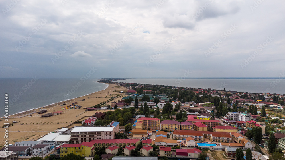 Zatoka, Odessa, Ukraine - September 4, 2021: Aerial view of hotels and beach. Beach scene.