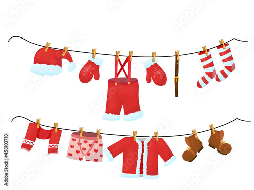 Santa's clothes are hanging from a rope. Christmas decor in cartoon style. Vector illustration isolated on white background.