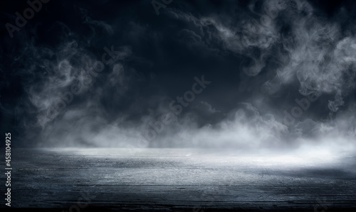 Fog In Darkness - Abstract Defocused Smoke On Wooden Table - Halloween Backdrop photo