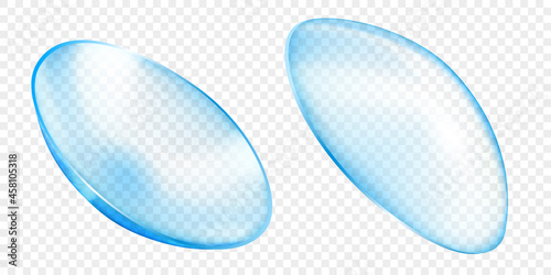 Realistic translucent contact lenses in light blue color, isolated on transparent background