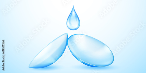 Realistic translucent contact lenses in light blue color and one big water drop