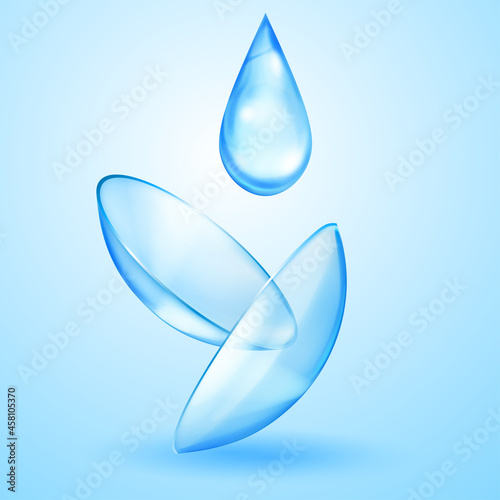 Realistic translucent contact lenses in light blue color and one big water drop