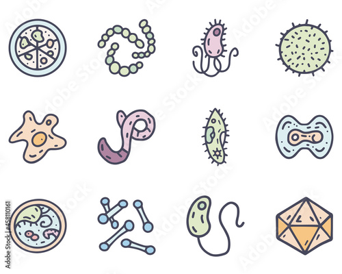 Bacteria and viruses color vector doodle simple icon set