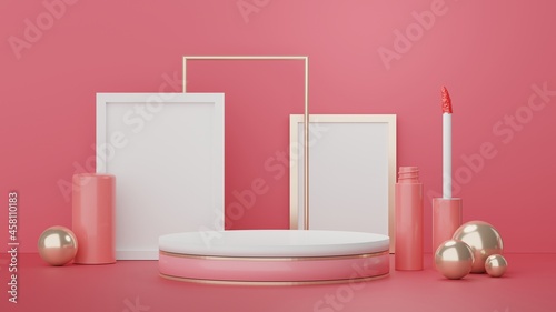 Podium for product placement with Retro modern and contemporary design. 3d rendering minimal scene for mock up and showing brand. Pedestal platform for cosmetic advertise. Various of arch simple.