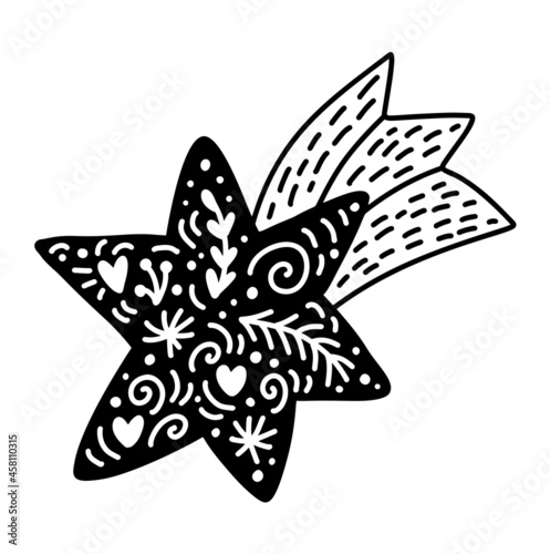 Baby Christmas cute sky falling star. Simple doodle hand drawn illustration comet in scandinavian style. Winter Vector illustration design for fabric textile, t shirt, greeting card
