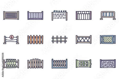 Fences color vector doodle simple icon set