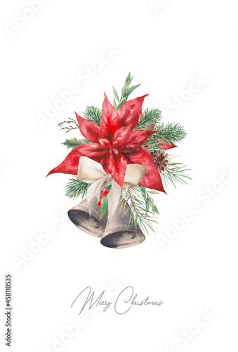 Watercolor traditional Christmas card. Poinsettia, fir, green leaves and ribbon bow isolated on white background