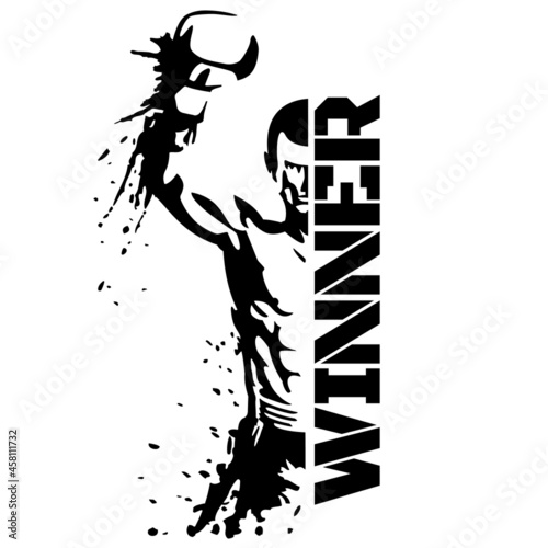 Black boxer silhouette isolated on a white background. Boxing motivation quote. Winner illustration.