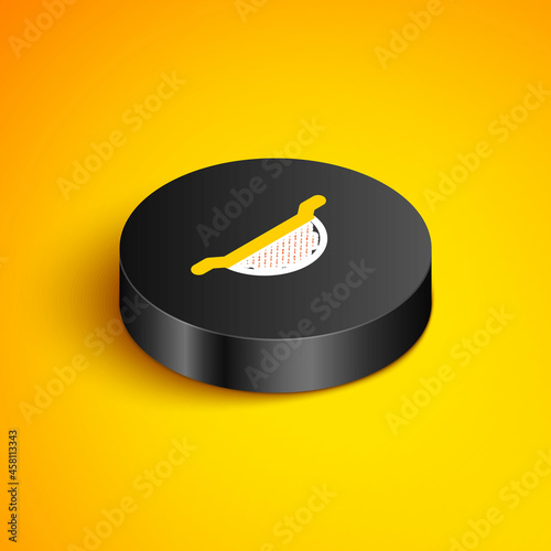 Isometric line Kitchen colander icon isolated on yellow background. Cooking utensil. Cutlery sign. Black circle button. Vector