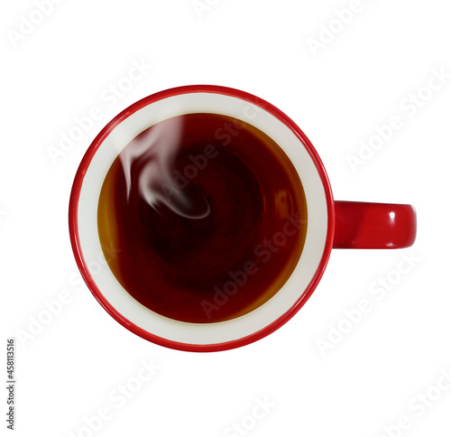 Top view of red cup with hot black tea