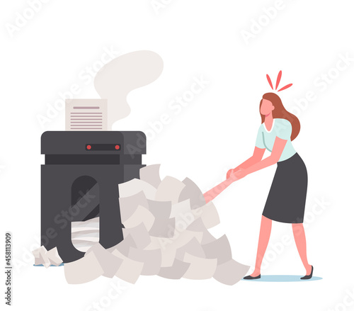 Deadline and Stress Concept. Woman Pull Out Office Man Lying under Huge Documents Heap and Paper Garbage near Printer