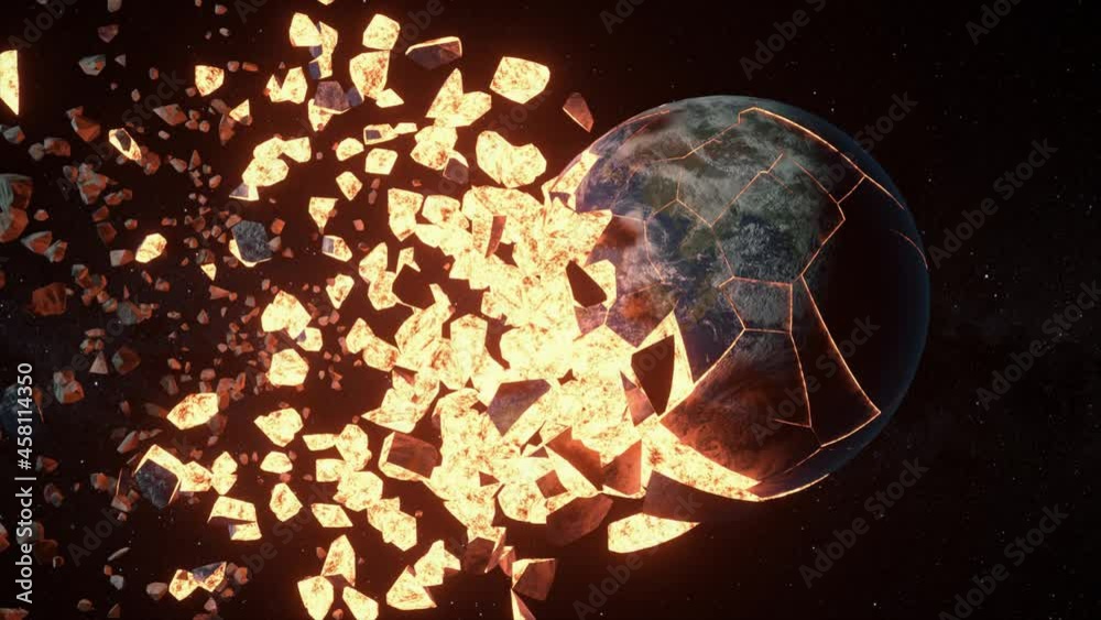 Collision of planet earth and moon. Splitting the planets into small pieces. Disaster concept. 3d animation