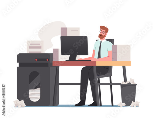 Deadline Concept. Office Man with Huge Heap of Documents and Paper Garbage on Desk. Employee Work in Very Busy Day