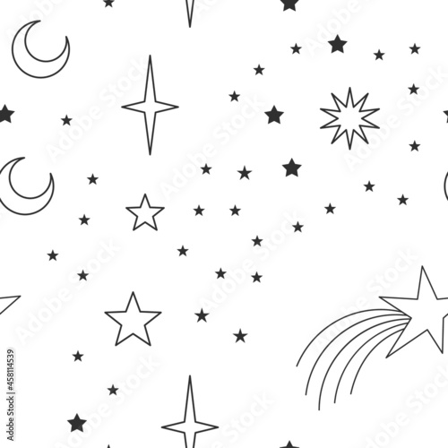 Sky seamless pattern with Mystical and Astrology elements  Space objects  planet  constellation  moon  stars  sun. Astronomy themed background texture. Starry motive.