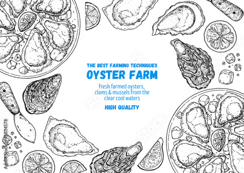 Oysters and oysters dish with lemon and ice sketch. Hand drawn vector illustration. Top view. Design template. Food menu.