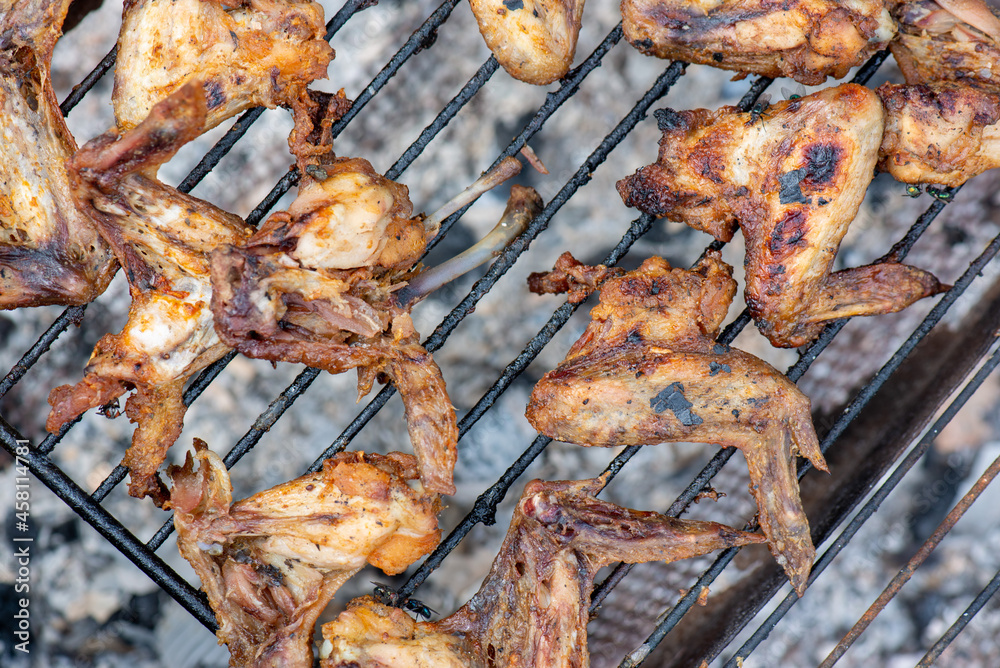 fried appetizing wings on the wire rack are fried. High quality photo