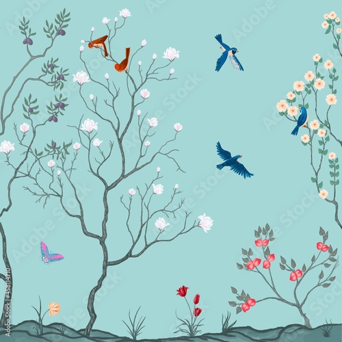 Exotic chinoiserie blue background, wallpaper, murals.Two couples of small birds sitting on the branches of the tree. A butterfly flies in the sky	