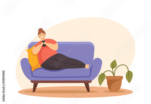 Overweight Female Character Lying on Sofa with Smartphone Chatting in Social Media or Playing Games. Sedentary Lifestyle