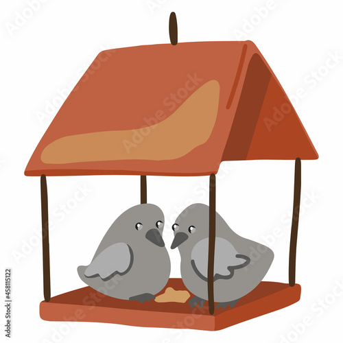 Doodle of bird feeder with sparrows. Colored cartoon drawing of winter wild animals. Hand drawn vector illustration. Single clipart isolated on white. Element for design, print, sticker, card, decor.