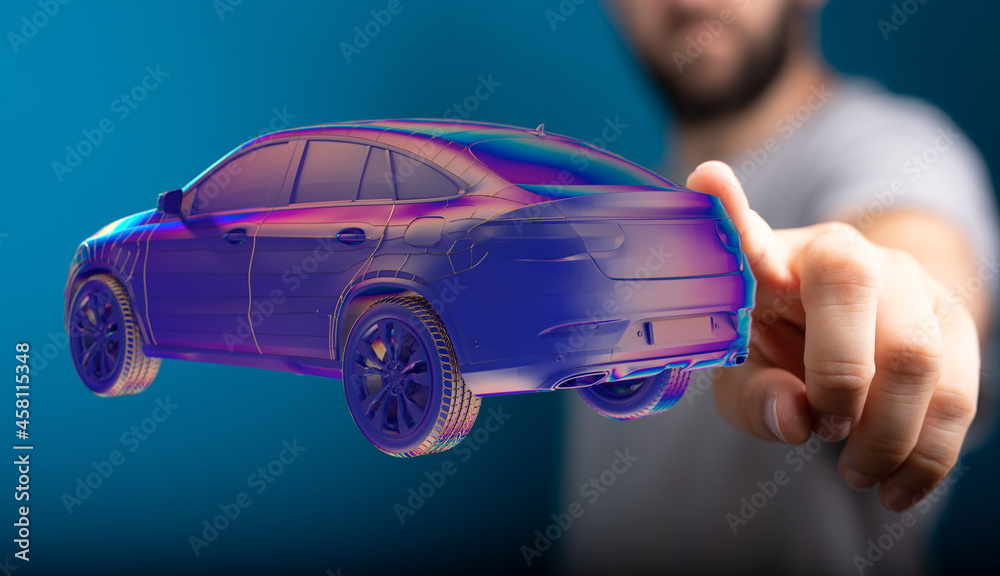 Man holding and touching holographic smart car