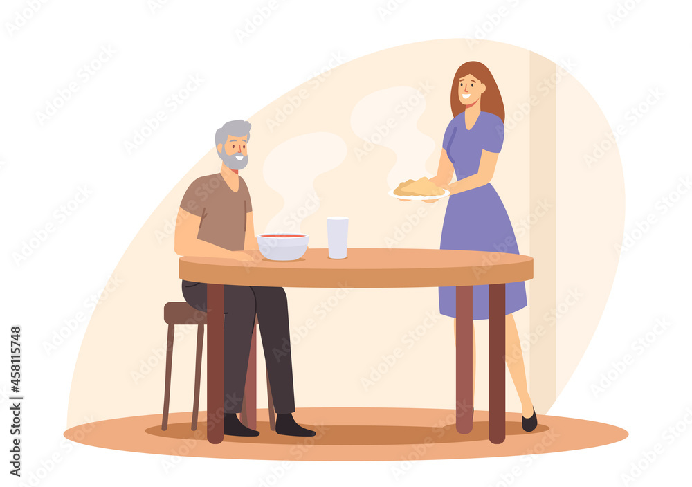 Caregiving of Elderly Concept. Caregiver Female Character Bringing Food to Old Man. Help to Seniors during Pandemic Caregiving of Elderly Concept. Caregiver Female Character Bringing Food to Old Man. Help to Seniors during Pandemic