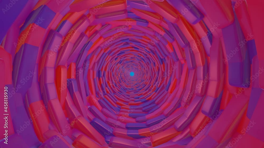 the passage of the camera through a round endless tunnel with rotating red-blue figures. 3d render loop animation