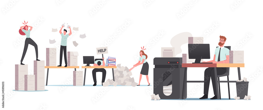 Stressed Office People in Paper Garbage, Busy Employees Characters Deadline Rush, Burnout. Clerks at Documentation Piles