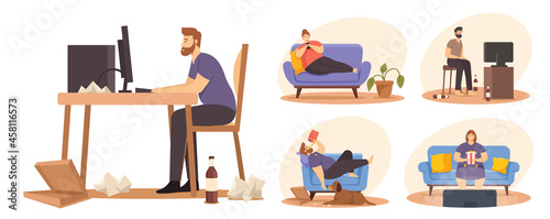 Set Sedentary Lifestyle. Lazy People Sitting on Sofa Eat Fast Food, Watch Tv. Fat Characters Bad Habits, Inactive Life