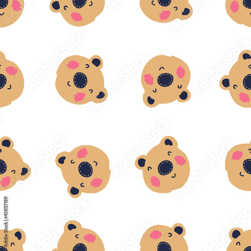 Hand drawn seamless pattern with cute bear faces. Perfect for scrapbooking, poster, textile and prints. Cartoon style vector illustration for decor and design. 