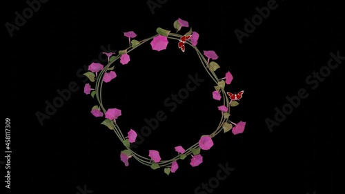 two butterflies fly in a circle over a wreath of purple morning gloria flowers on a black background. 3d render loop animation