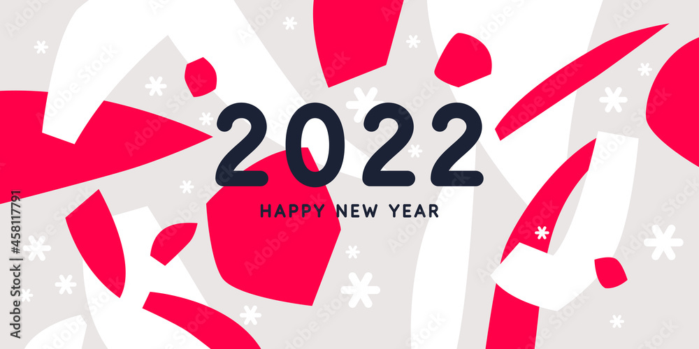 Background with the inscription Happy New Year 2022. Illustrations with flat shapes drawn by hand.