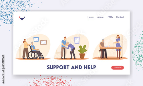 Elderly Caregiving Landing Page Template. Young People Care of Seniors. Caregiver Bringing Food, Help, Push Wheelchair