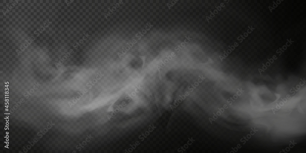 White smoke puff isolated on transparent black background. PNG. Steam explosion special effect. Effective texture of steam, fog, smoke png. Vector.	