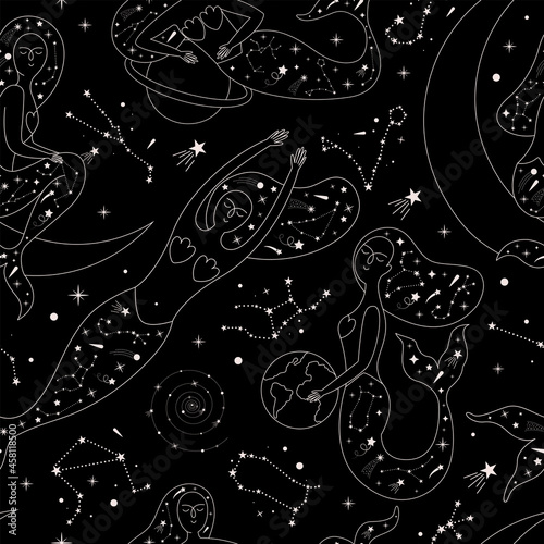 Magical seamless pattern with mermaids, stars, zodiac signs, planets, moon, meteorites.