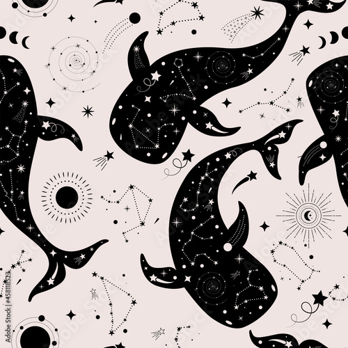 Magical seamless pattern with whales, stars, zodiac signs, planets, moon, sun, meteorites.