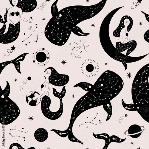 Magical seamless pattern with mermaids, whales, stars, zodiac signs, planets, moon, sun, meteorites.