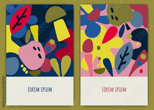 Set of Autumn abstract backgrounds. Fall cover design with organic shapes, fruits, leaves in retro palette colors