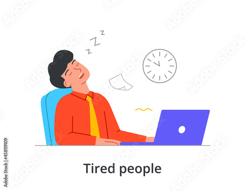 Extremely tired male character is sleeping at work in front of laptop on white background. Concept of different people tired in their daily work life with fatigue. Flat cartoon vector illustration