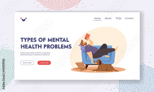Types of Mental Health Problems Landing Page Template. Physical Inactivity, Passive Lifestyle, Bad Habit. Sedentary Life