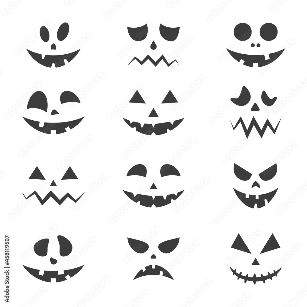 Scary faces of Halloween pumpkins set. Horror ghost face collection. Vector isolated on white Scary faces of Halloween pumpkins set. Horror ghost face collection. Vector isolated on white