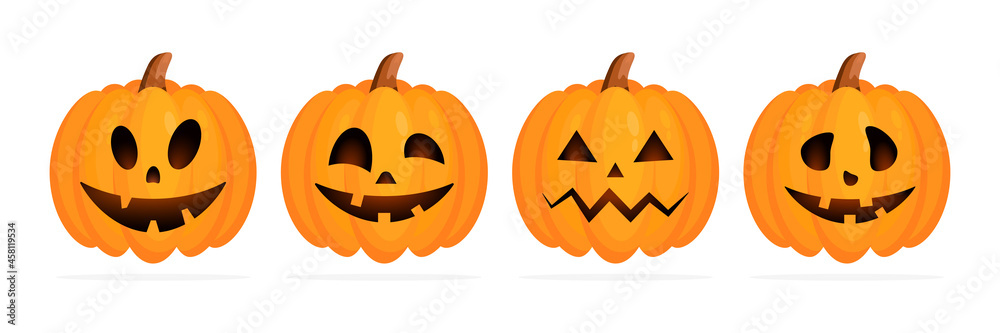 Set Halloween pumpkin with different face emotions. Cute pumpkins collection for autumn holiday. Vector isolated on white Set Halloween pumpkin with different face emotions. Cute pumpkins collection for autumn holiday. Vector isolated on white
