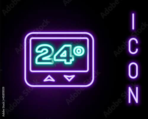 Glowing neon line Thermostat icon isolated on black background. Temperature control. Colorful outline concept. Vector
