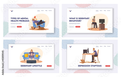 Sedentary Lifestyle Landing Page Template Set. Lazy People Sitting on Sofa Eating Fast Food, Watch Tv. Fat Characters